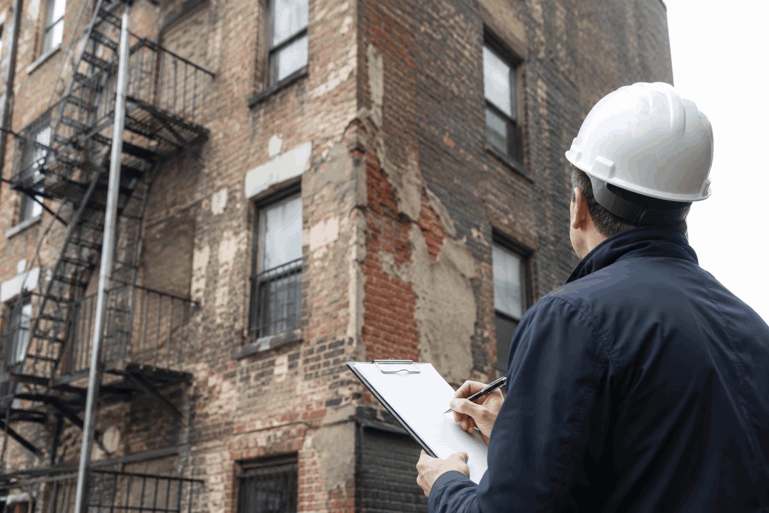 DOB inspector checking deteriorated exterior brick facade and fire escape condition on an aging NYC apartment building DOB inspector checking deteriorated exterior brick facade and fire escape condition on an aging NYC apartment building
