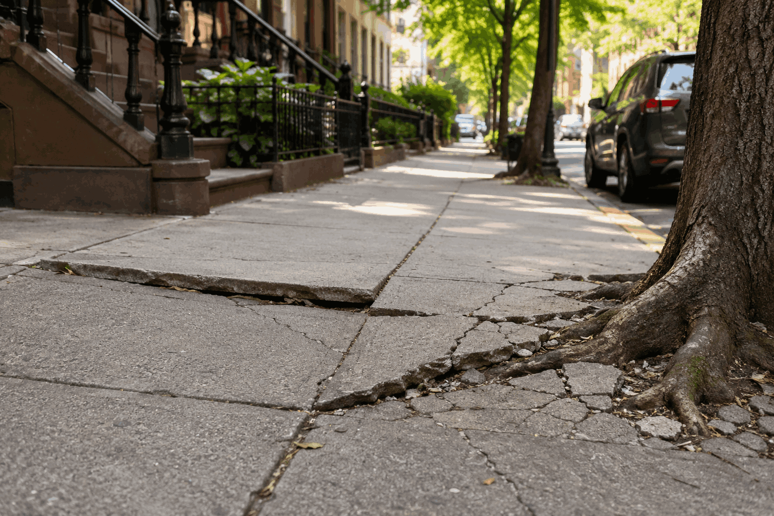 Cracked and uneven NYC sidewalk damaged by tree roots near residential properties Cracked and uneven NYC sidewalk damaged by tree roots near residential properties