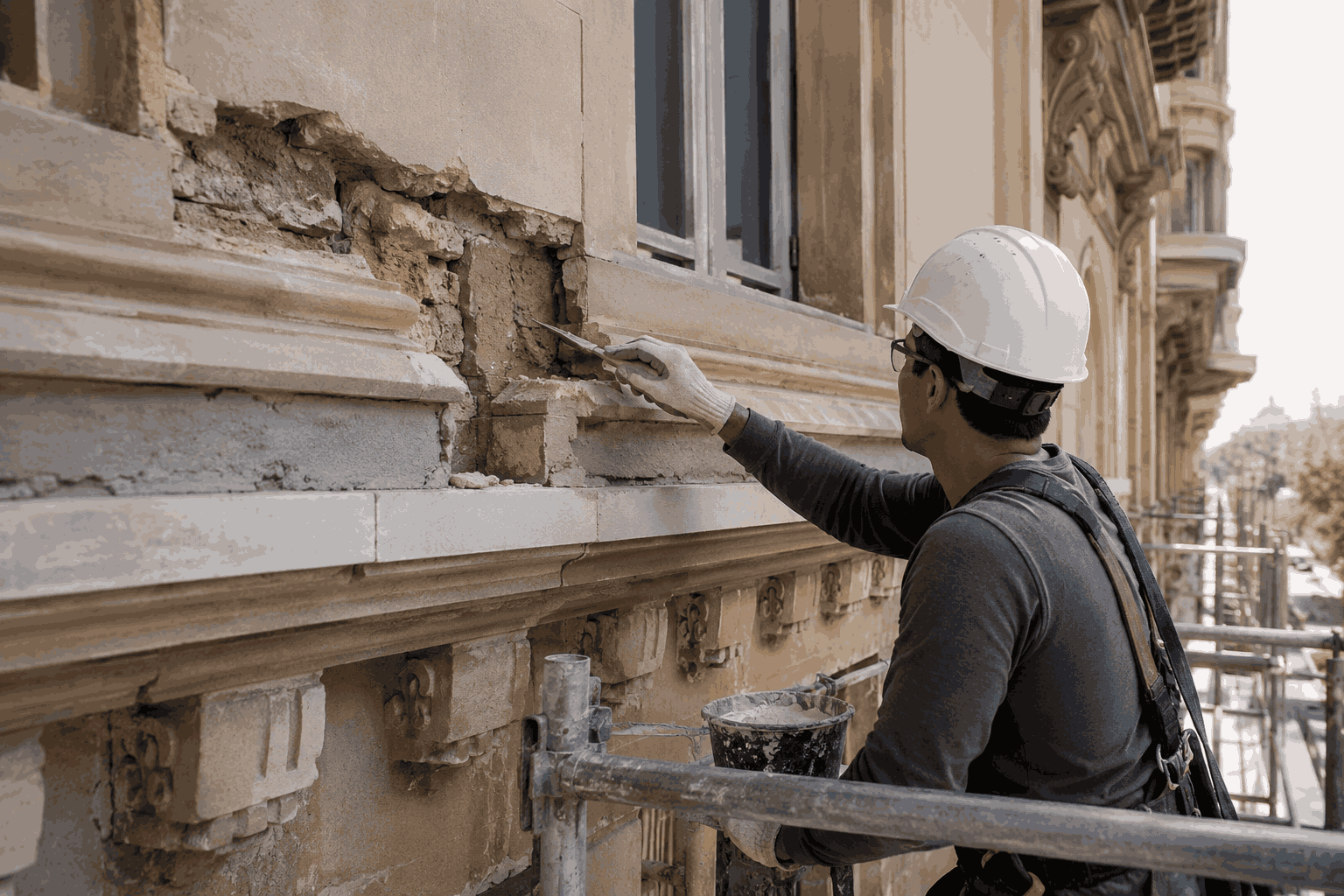 Façade repair contractor restoring damaged historic building exterior in NYC