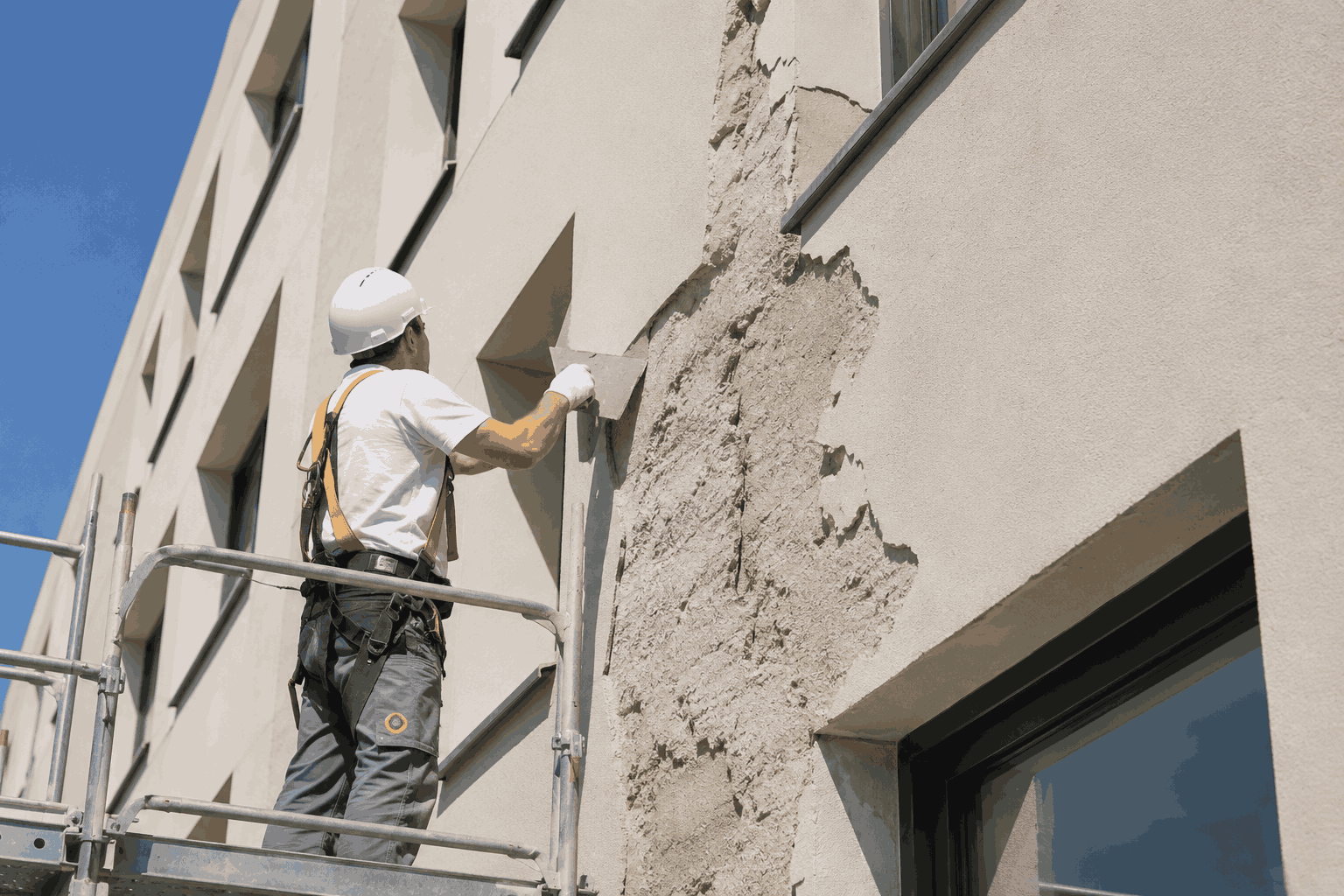 Façade repair contractor fixing damaged exterior wall on a NYC building
