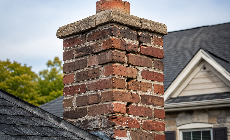 Damaged brick chimney with cracked mortar and failing brickwork on an NYC home rooftop