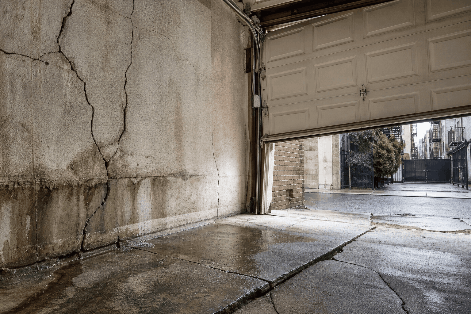 Cracked garage foundation wall and uneven concrete floor showing water damage in NYC Cracked garage foundation wall and uneven concrete floor showing water damage in NYC