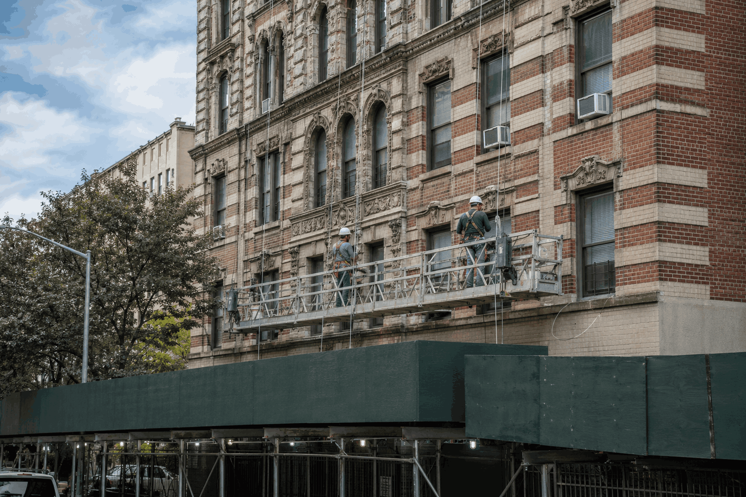 Local Law 11 façade inspection in NYC with workers checking an exterior wall from a suspended platform Local Law 11 façade inspection in NYC with workers checking an exterior wall from a suspended platform