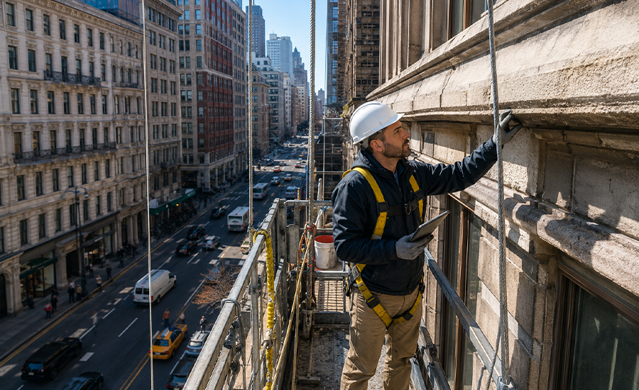 NYC brick building façade with visible masonry wear and sidewalk scaffolding for Local Law 11 inspection and repair
