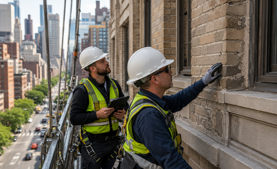 Local Law 11 inspection process in NYC with workers reviewing a building façade from a suspended platform