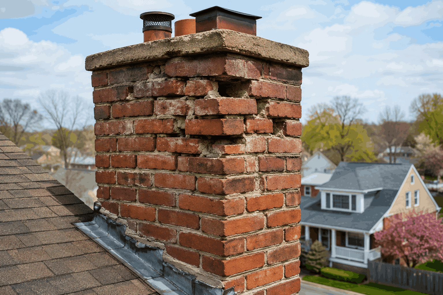 Loose chimney bricks and damaged mortar joints on an old brick chimney roof in NYC Loose chimney bricks and damaged mortar joints on an old brick chimney roof in NYC