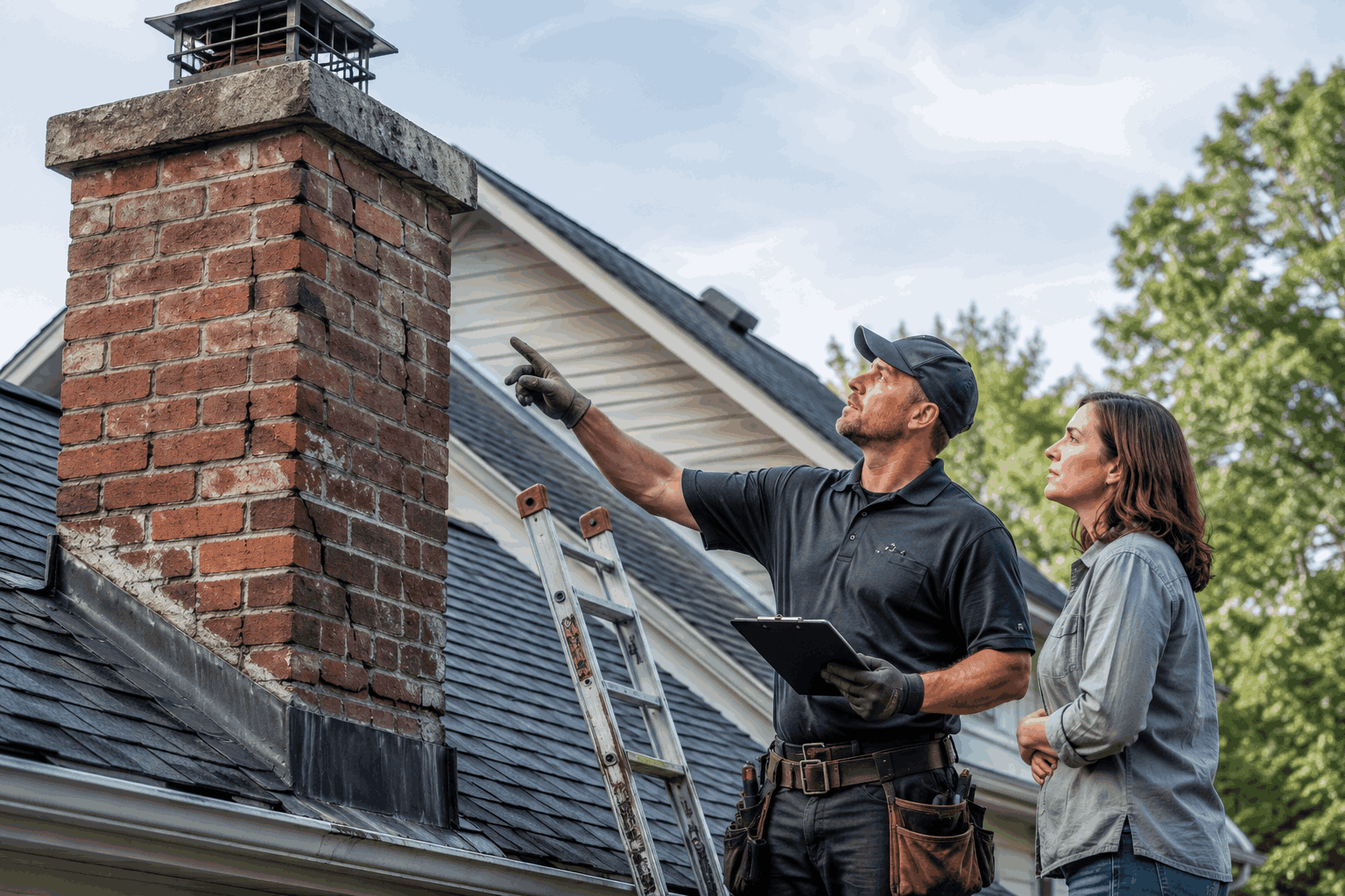 NYC chimney masonry contractor inspecting damaged brickwork with a homeowner NYC chimney masonry contractor inspecting damaged brickwork with a homeowner