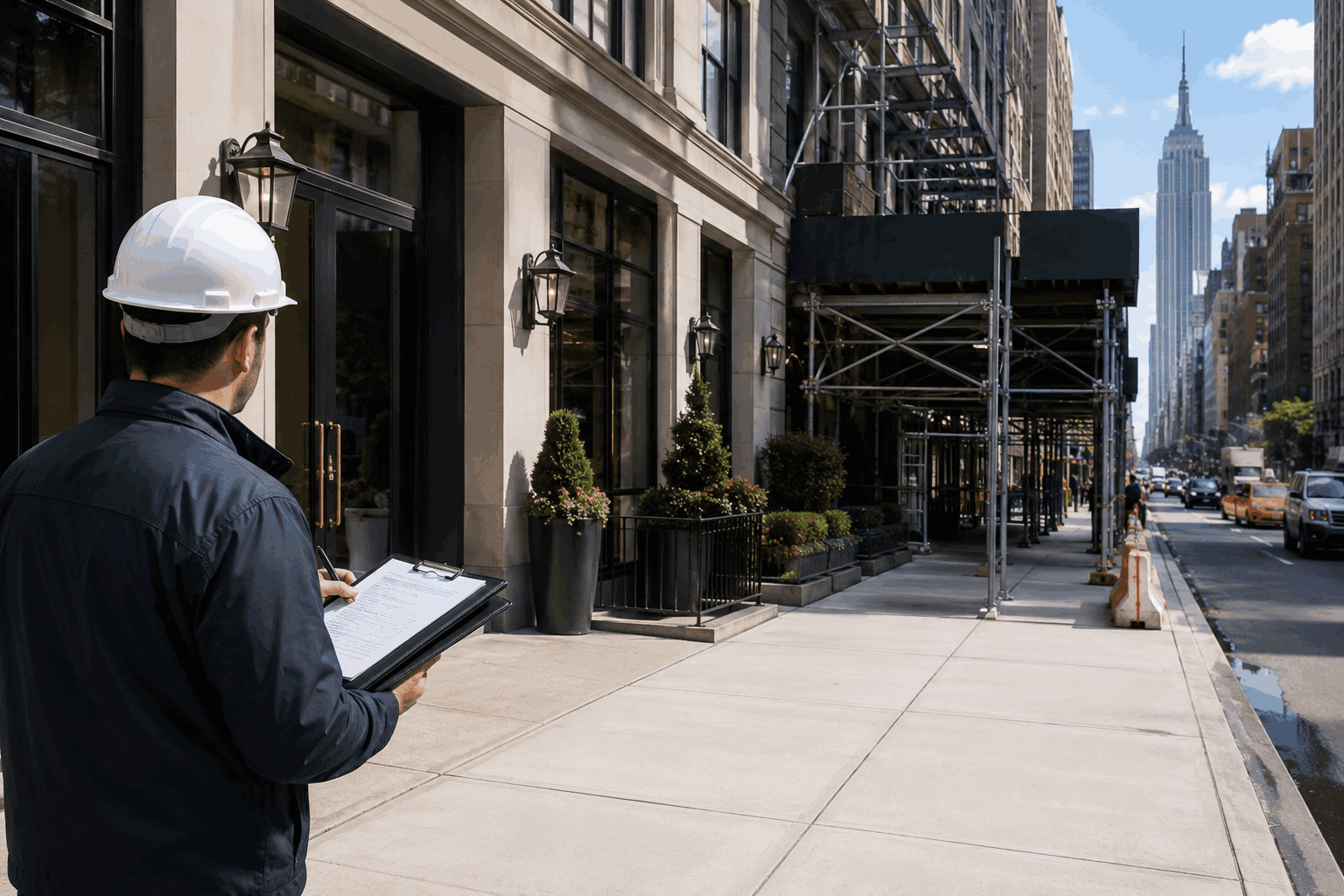 NYC sidewalk compliance inspection near a commercial building with scaffolding NYC sidewalk compliance inspection near a commercial building with scaffolding