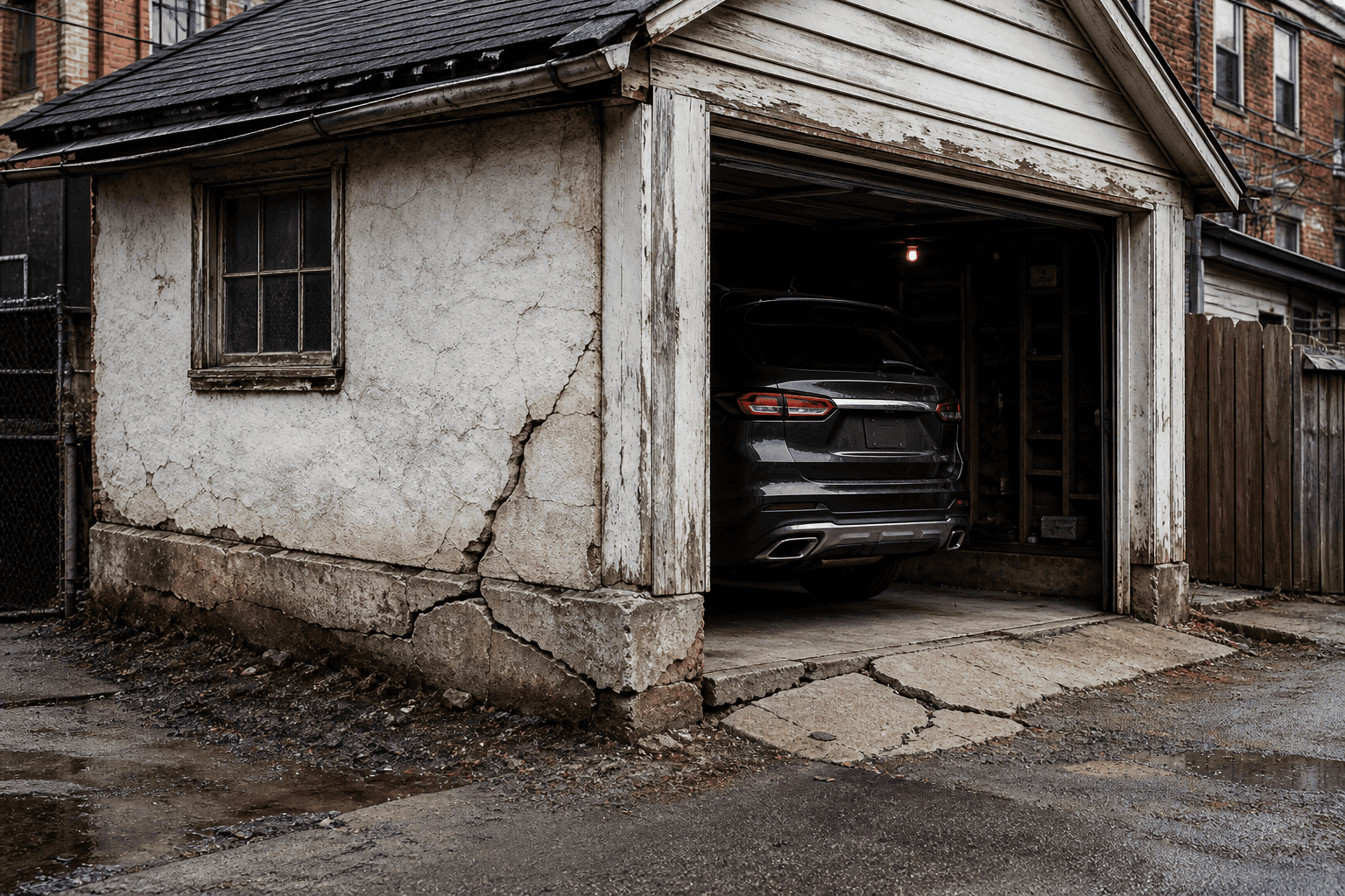 Older NYC garage with cracked foundation wall and damaged concrete near the entrance Older NYC garage with cracked foundation wall and damaged concrete near the entrance