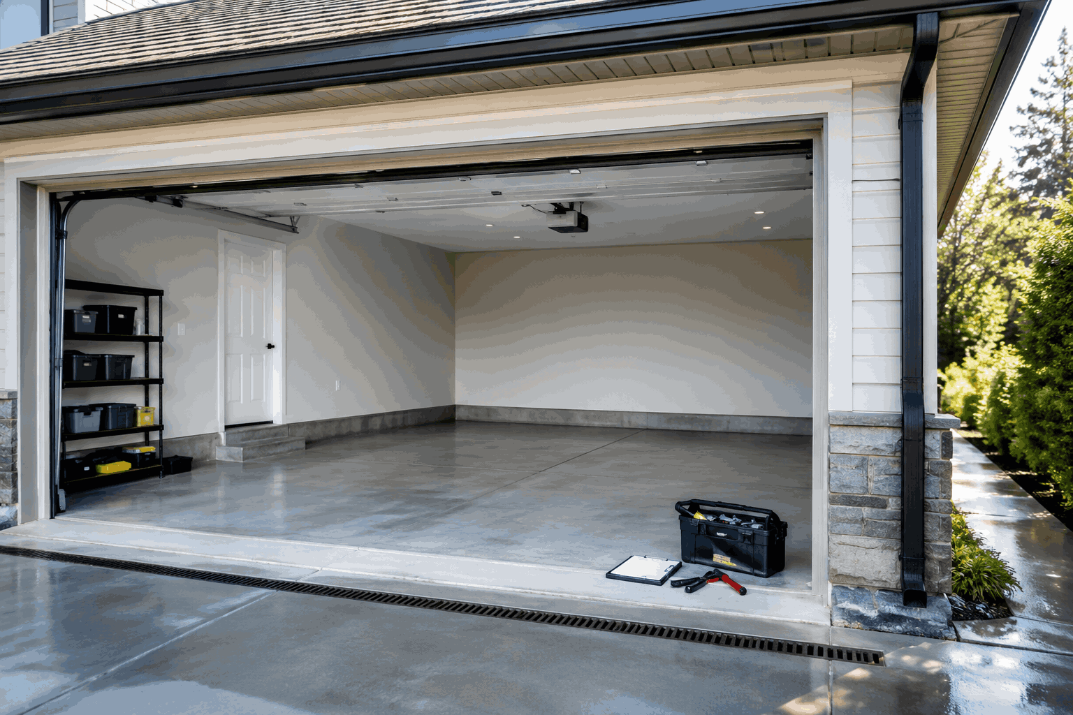 Clean restored residential garage with polished concrete floor and drainage channel Clean restored residential garage with polished concrete floor and drainage channel