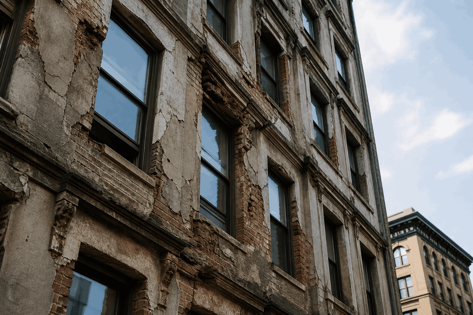 damaged brick building facade with cracks, peeling surface, and structural deterioration in NYC damaged brick building facade with cracks, peeling surface, and structural deterioration in NYC
