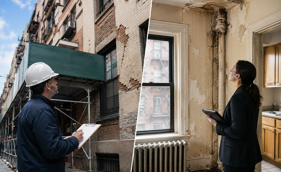 NYC residential building inspection showing exterior damage related to DOB and HPD violation concerns