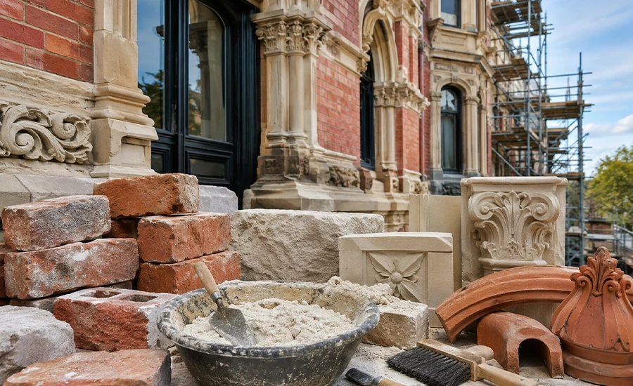 Historic building repair materials including brick, stone, mortar, and wood used in NYC restoration