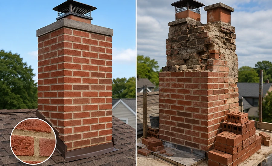 Restored brick chimney on an NYC residential roof showing repaired mortar joints and stable masonry