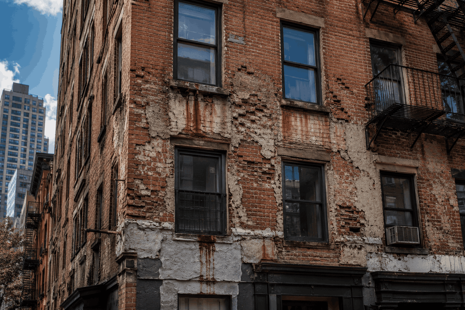 Structural facade damage on an old NYC brick building with spalling masonry, rust stains, cracked walls, and deteriorated exterior surfaces Structural facade damage on an old NYC brick building with spalling masonry, rust stains, cracked walls, and deteriorated exterior surfaces