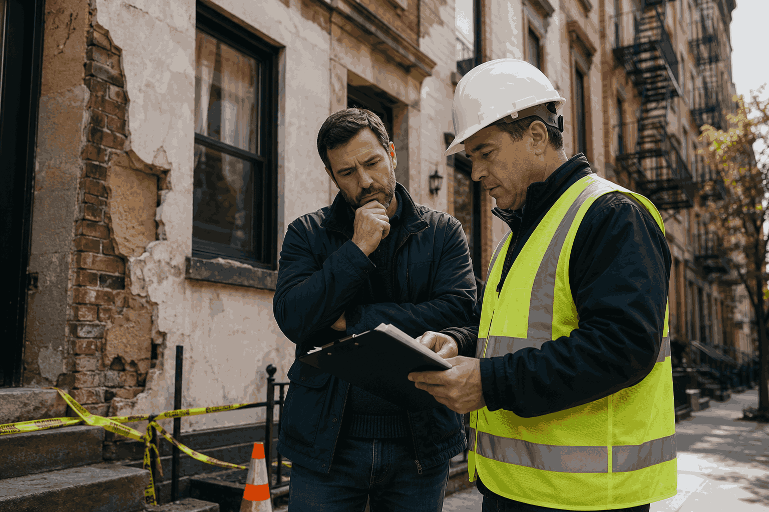 Contractor inspecting DOB violation issues on an NYC building with damaged masonry and exterior wall defects Contractor inspecting DOB violation issues on an NYC building with damaged masonry and exterior wall defects