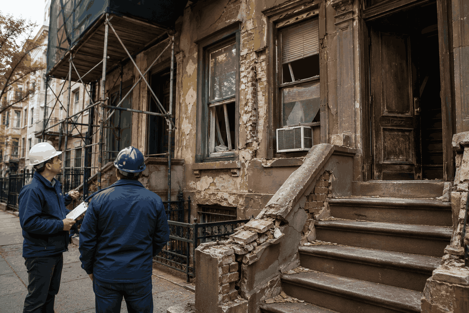 Contractors inspecting an NYC residential building with damaged masonry, façade defects, and unsafe exterior conditions Contractors inspecting an NYC residential building with damaged masonry, façade defects, and unsafe exterior conditions