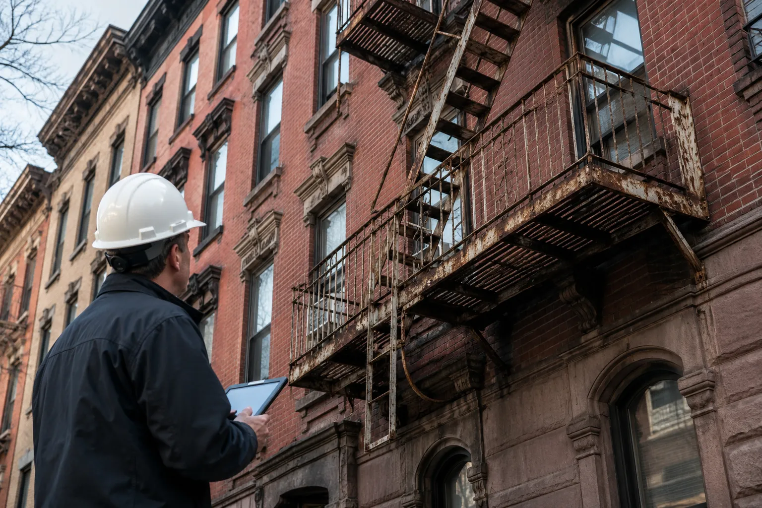 Contractor inspecting a rusted fire escape that failed NYC compliance Contractor inspecting a rusted fire escape that failed NYC compliance