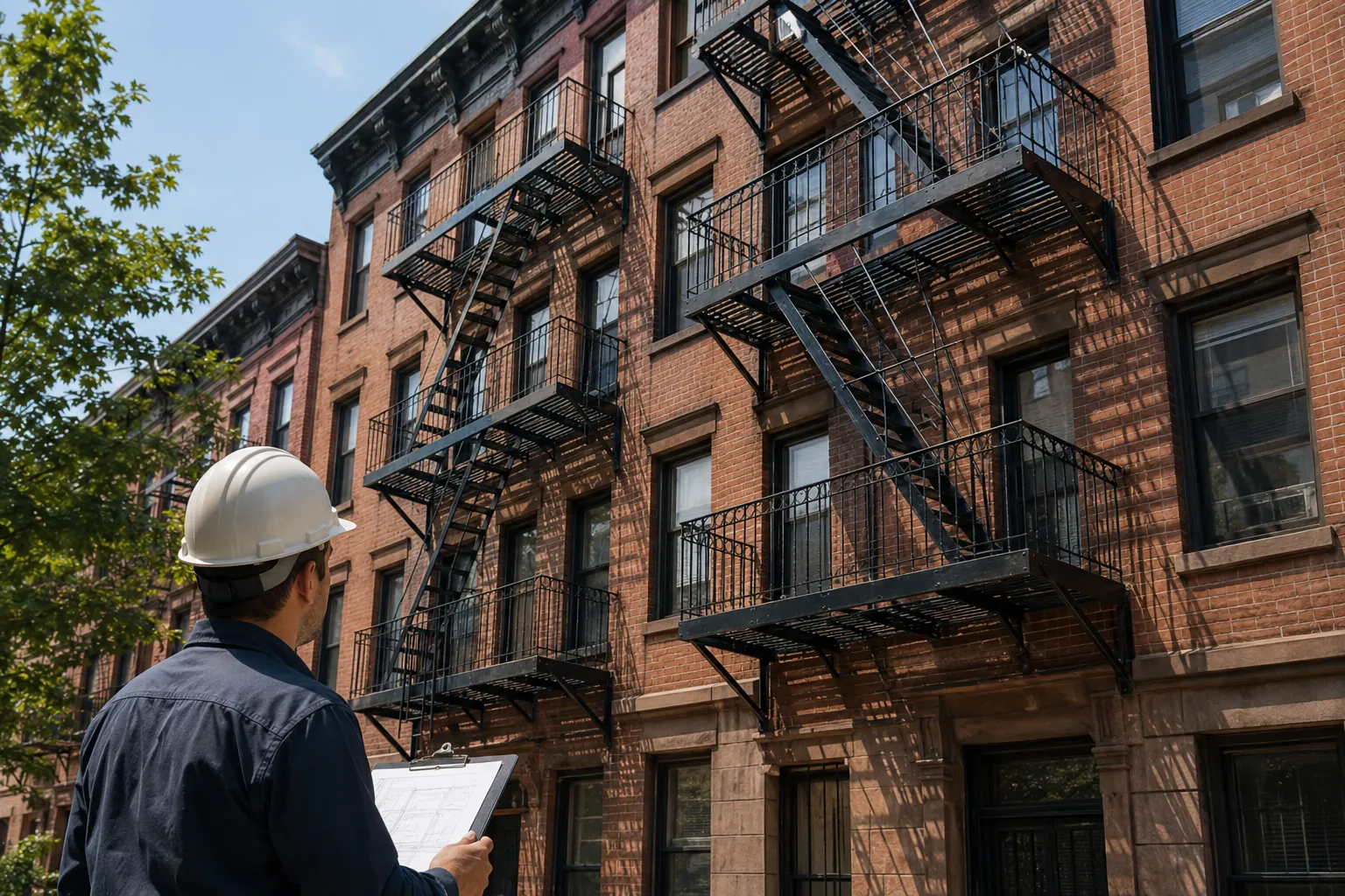 Contractor inspecting fire escapes on older NYC apartment building Contractor inspecting fire escapes on older NYC apartment building