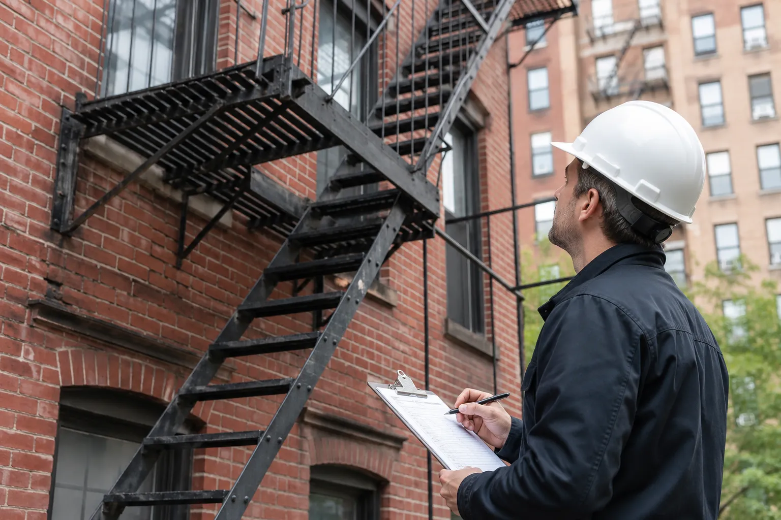 Contractor inspecting fire escape safety measures on NYC building