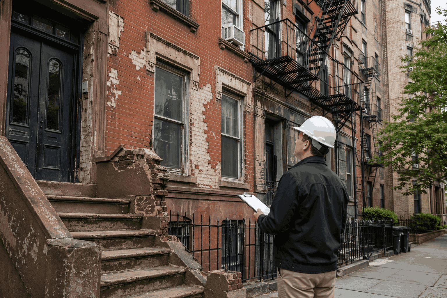 HPD violation inspection of an aging NYC residential building with damaged exterior walls and safety concerns HPD violation inspection of an aging NYC residential building with damaged exterior walls and safety concerns
