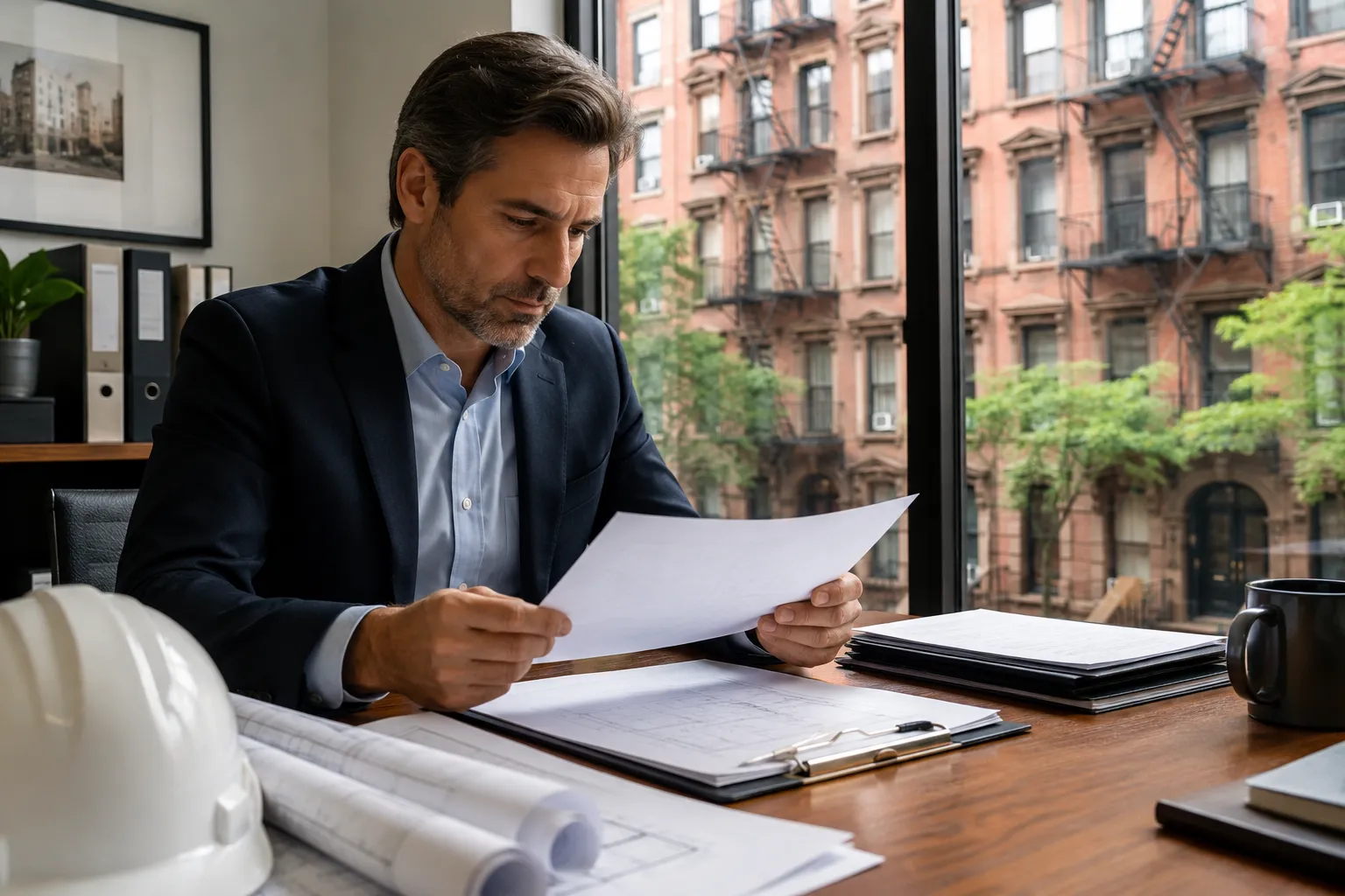 NYC building owner reviewing fire escape compliance documents NYC building owner reviewing fire escape compliance documents
