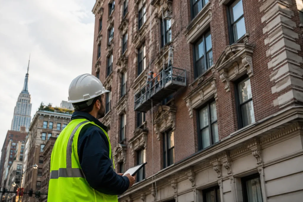 Local Law 10 façade inspection of NYC brick building Local Law 10 façade inspection of NYC brick building