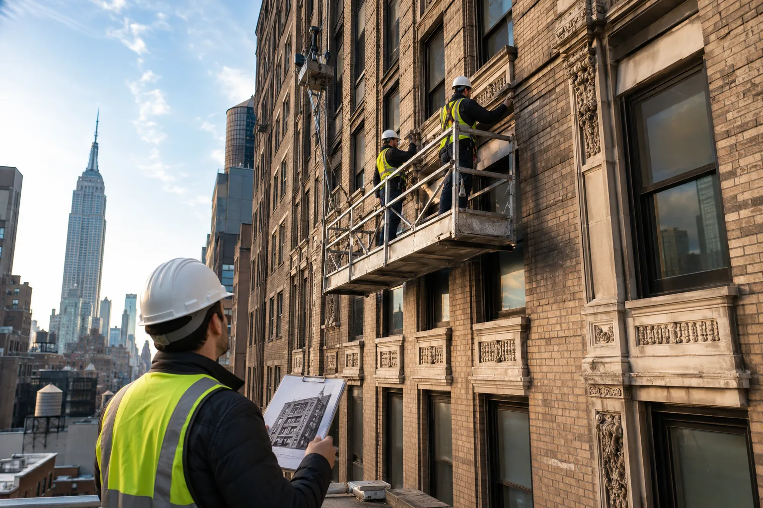 Local Law 11 façade inspection on NYC building exterior Local Law 11 façade inspection on NYC building exterior