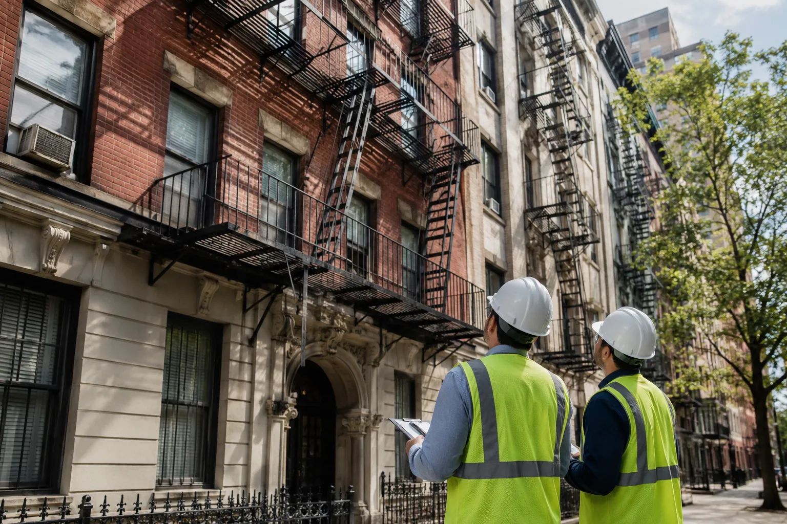 Inspectors reviewing fire escapes for Local Law 11 compliance in NYC Inspectors reviewing fire escapes for Local Law 11 compliance in NYC