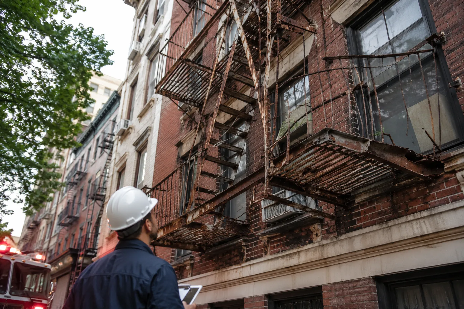 Contractor inspecting a severely rusted non-compliant fire escape in NYC