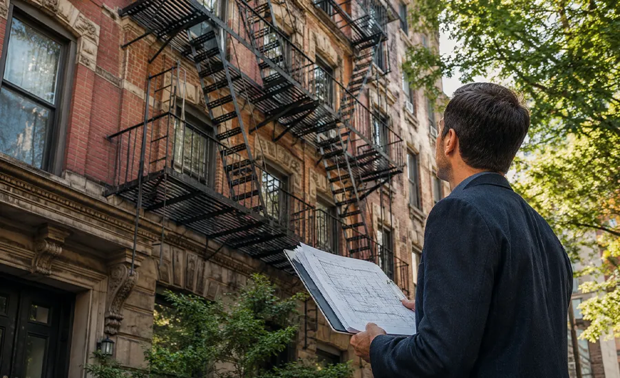 NYC fire escape compliance inspection on older residential building