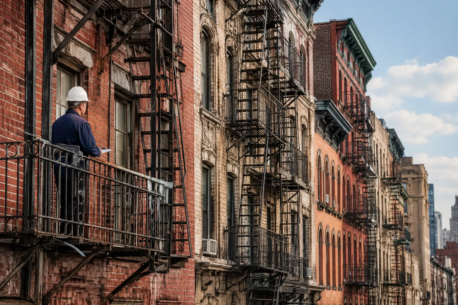 NYC contractor inspecting fire escapes on older brick apartment buildings NYC contractor inspecting fire escapes on older brick apartment buildings