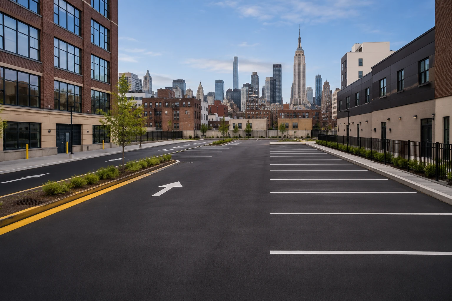 Parking lot maintenance contractors applying sealcoating and repairing asphalt on a commercial parking lot in NYC
