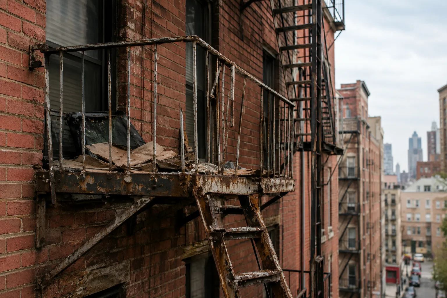 Rusted and blocked fire escape showing poor maintenance in NYC