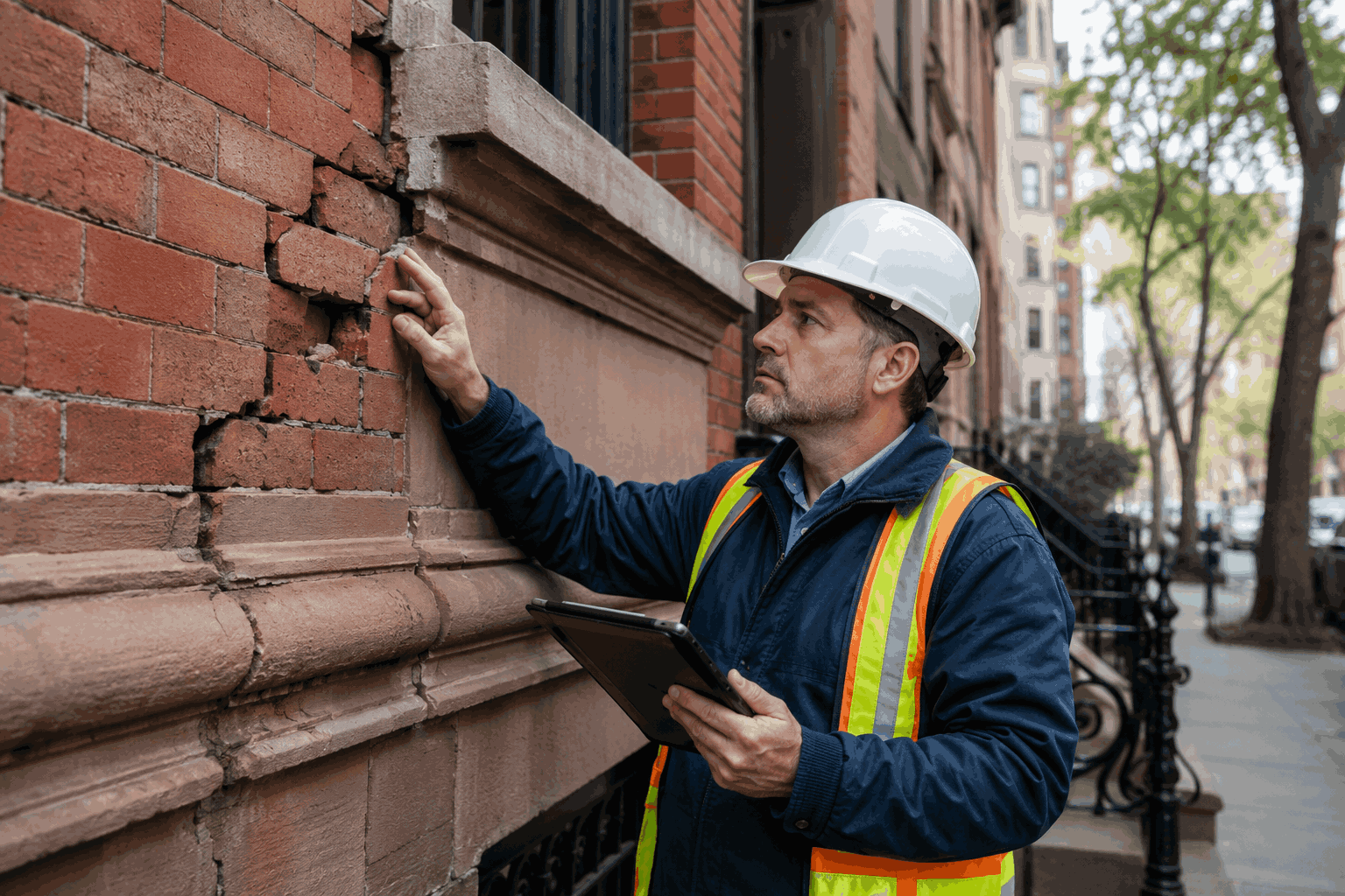 Professional masonry contractor inspecting cracked brickwork and structural facade damage on an NYC building Professional masonry contractor inspecting cracked brickwork and structural facade damage on an NYC building
