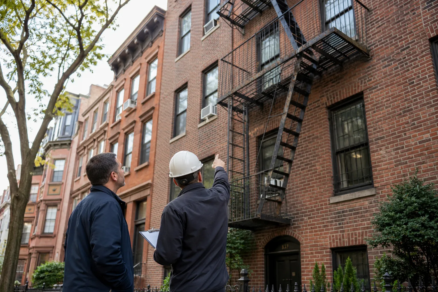 NYC property owner and contractor reviewing an existing fire escape