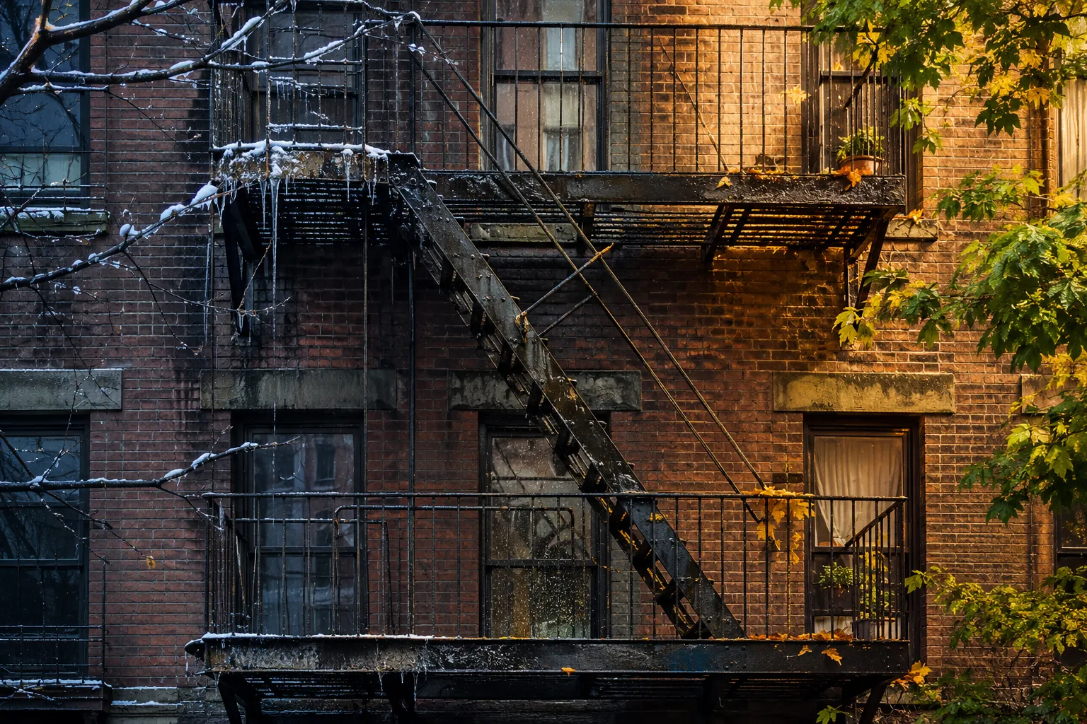 NYC fire escape exposed to winter snow and seasonal weather changes