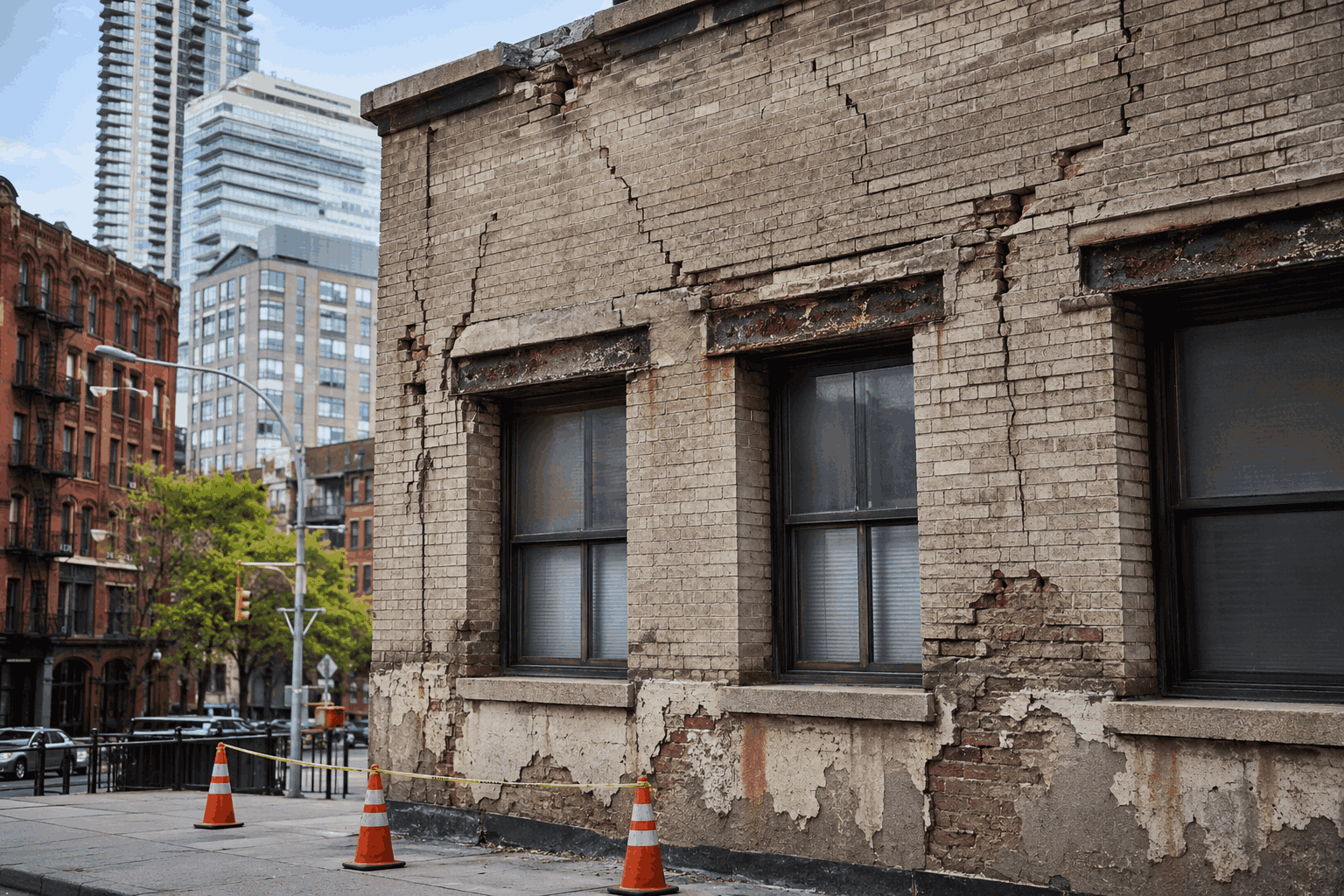 Structural facade damage on an aging NYC masonry building with cracks, spalling bricks, and deteriorated exterior walls Structural facade damage on an aging NYC masonry building with cracks, spalling bricks, and deteriorated exterior walls