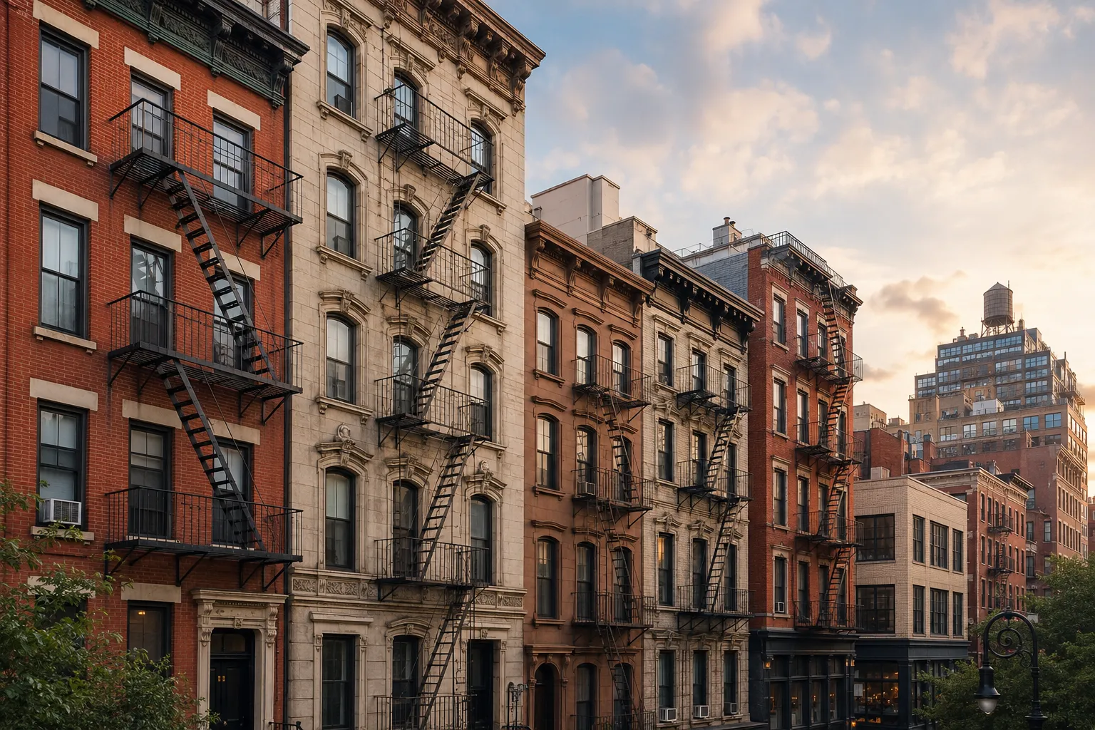 Older NYC residential buildings with exterior fire escapes Older NYC residential buildings with exterior fire escapes