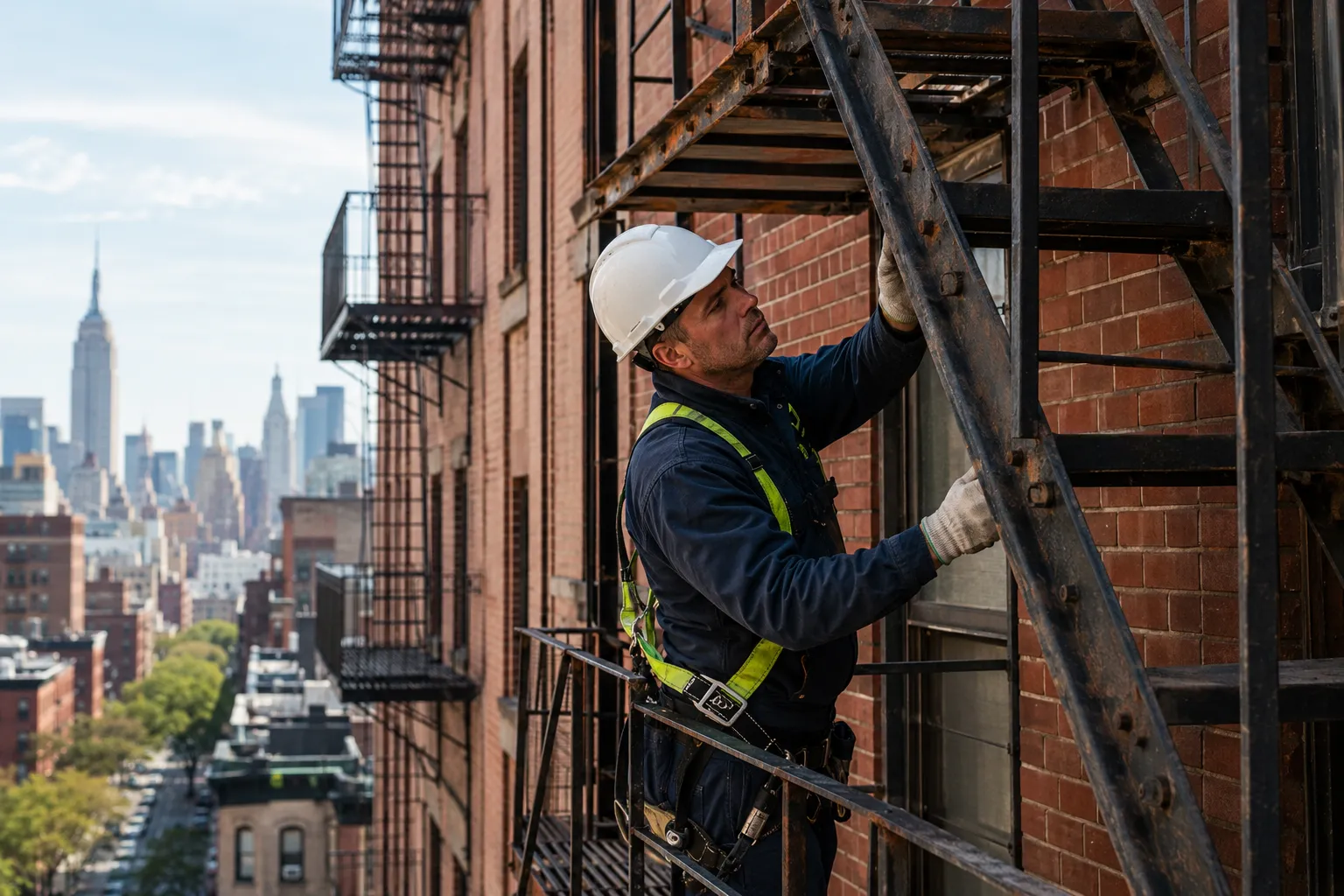 Fire escape contractor inspecting a rusted fire escape in NYC