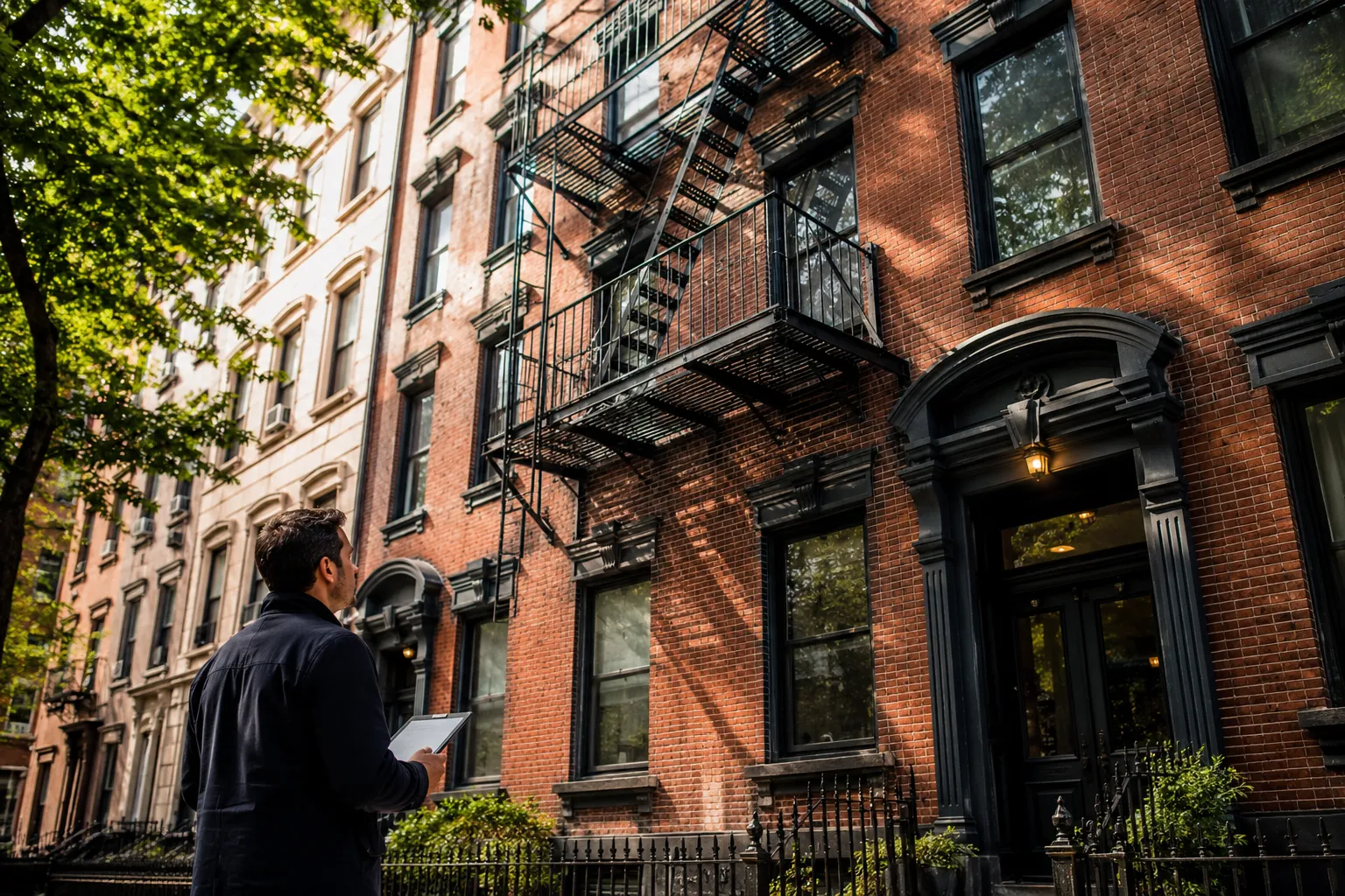 Contractor reviewing fire escape compliance on older NYC building