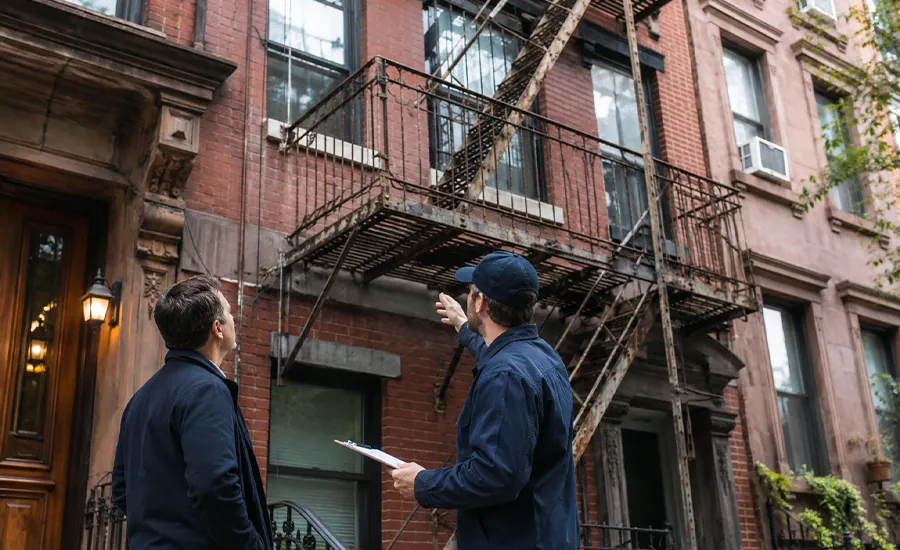 NYC landlord fire escape maintenance inspection on apartment building