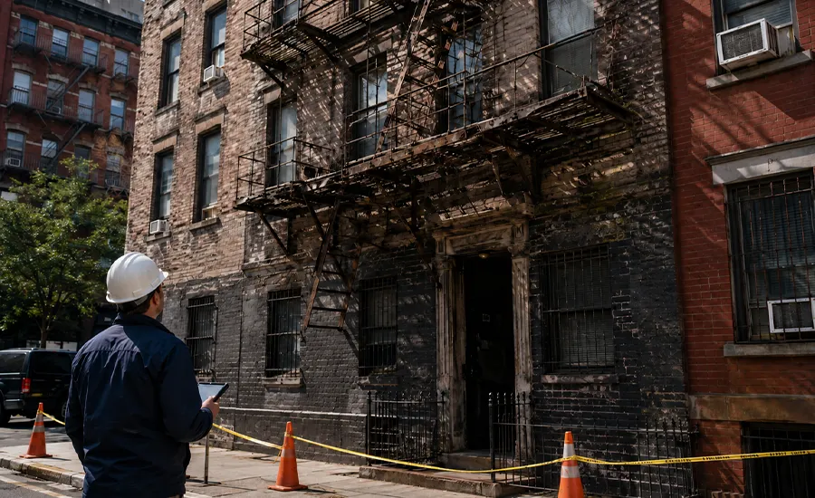 NYC fire escape code violation inspection on older brick building