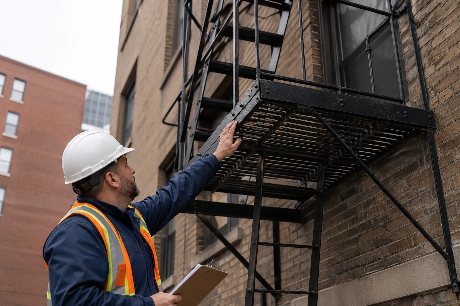 Contractor inspecting an existing fire escape before alteration in NYC