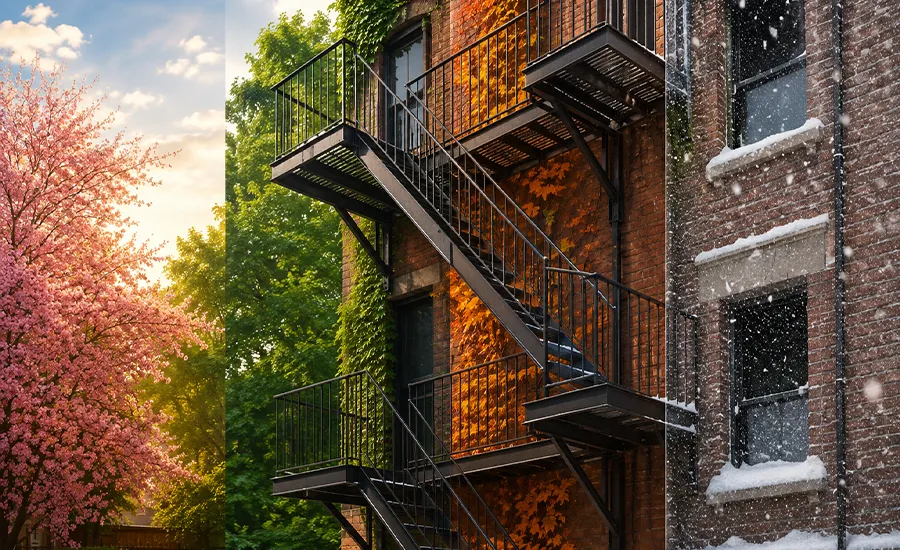 NYC fire escape shown in changing seasonal weather conditions