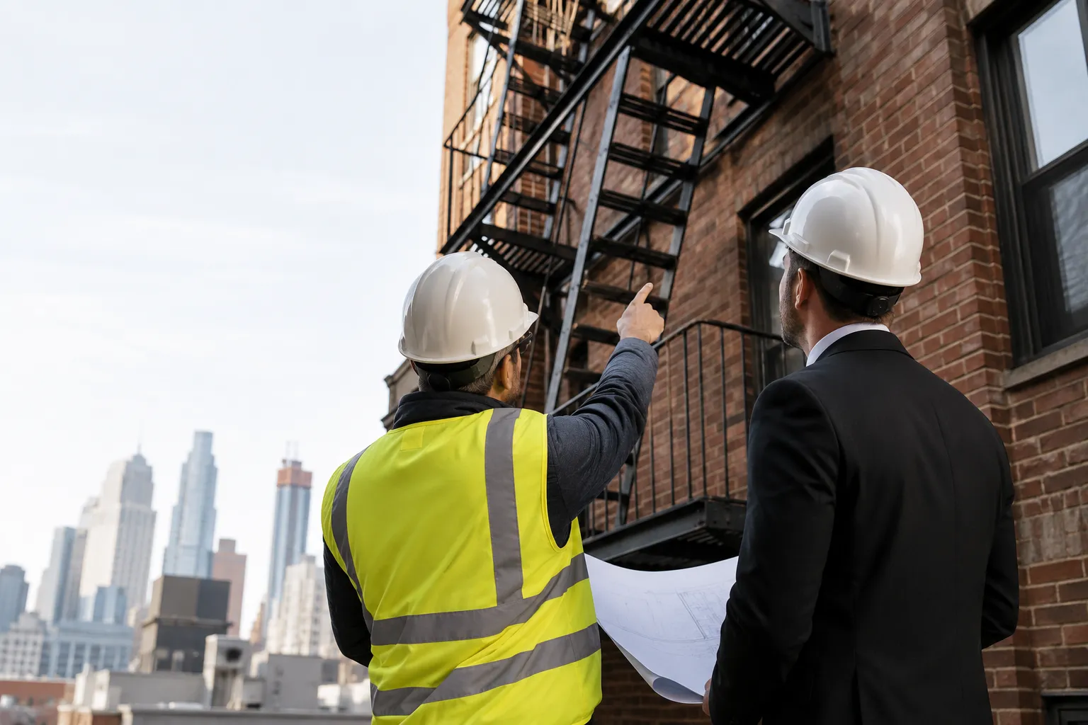 Contractor and property owner reviewing a fire escape installation on an NYC building Contractor and property owner reviewing a fire escape installation on an NYC building