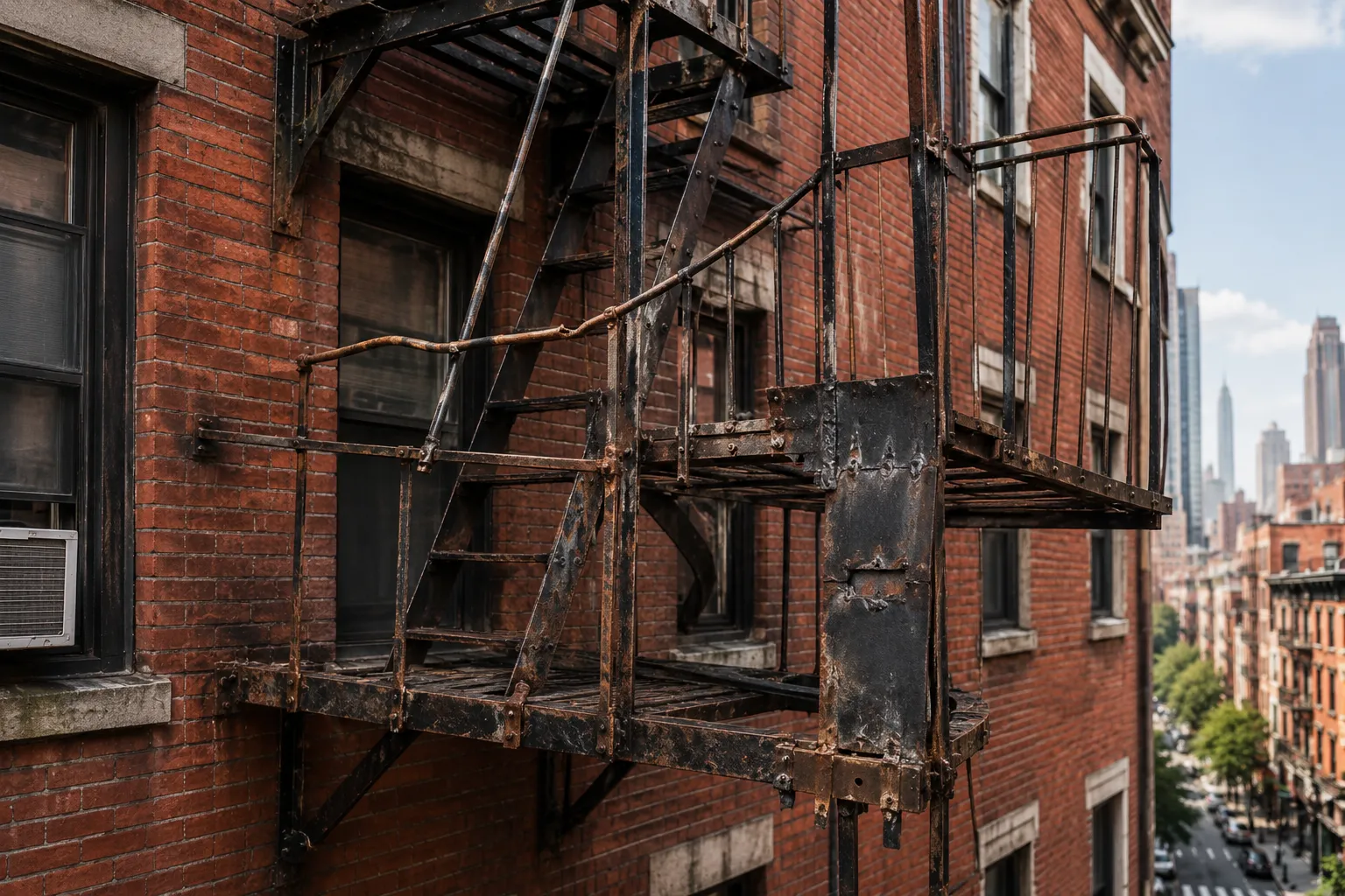 Rusted fire escape with unsafe unpermitted modification risks in NYC