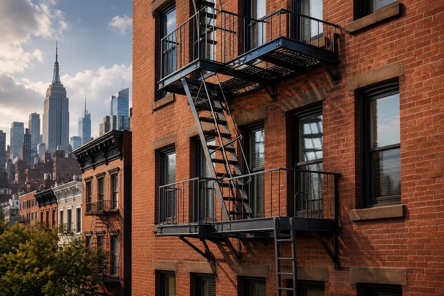Code-compliant fire escape on NYC brick building Code-compliant fire escape on NYC brick building