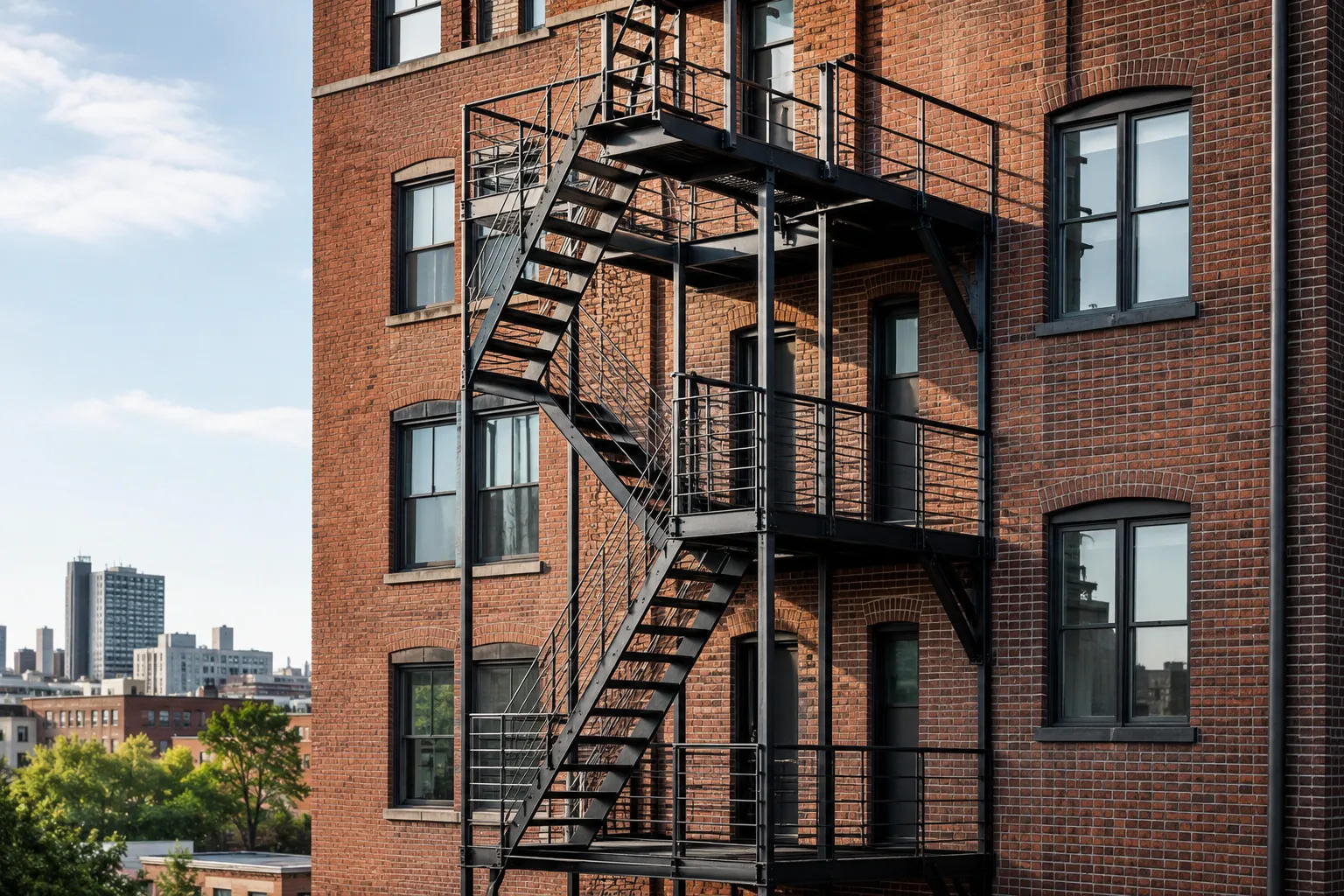 New exterior fire escape providing emergency egress on an NYC brick building New exterior fire escape providing emergency egress on an NYC brick building