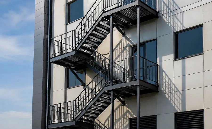 Newly installed exterior fire escape on a brick building in New York City